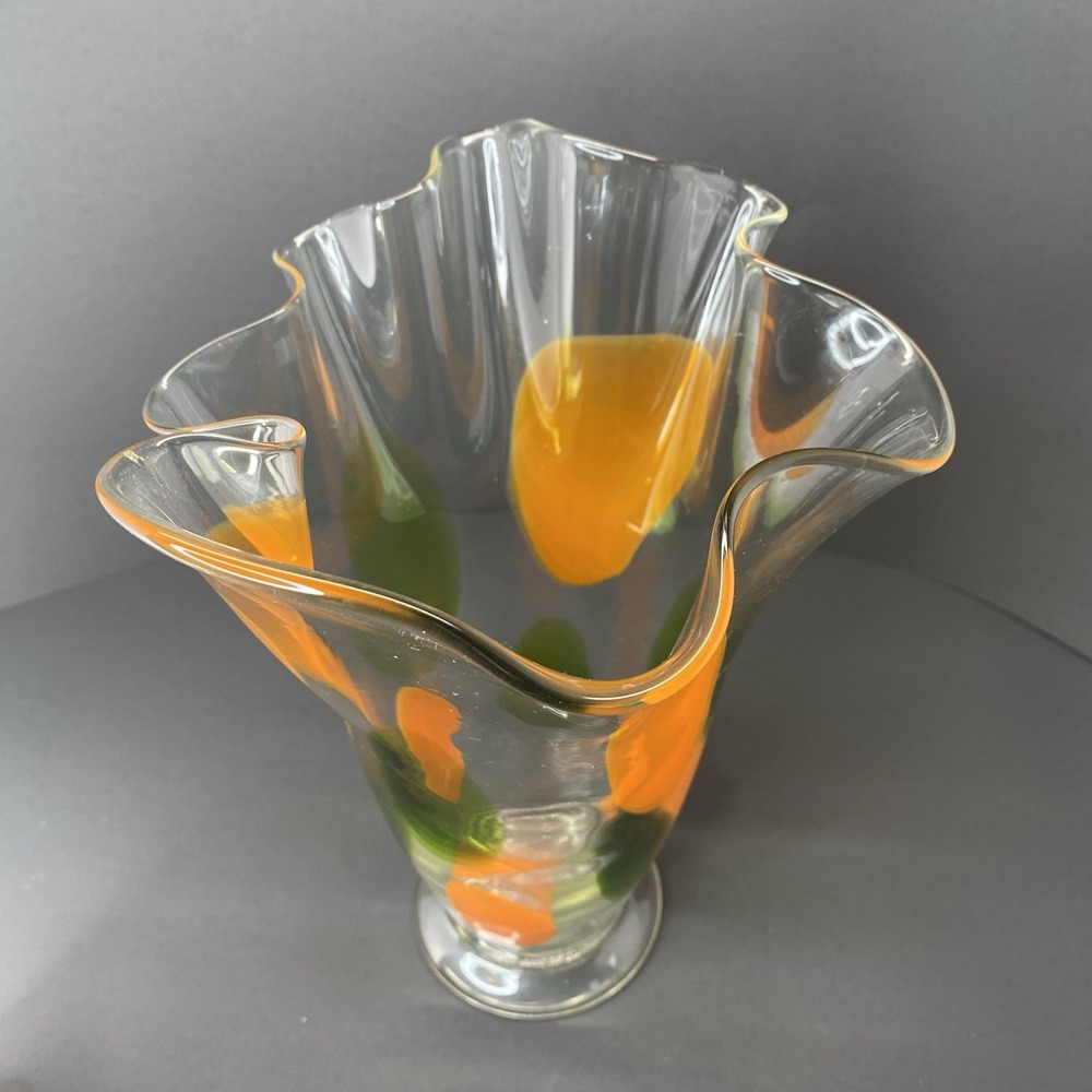 Clear Art Glass Vase Orange And Green Ovals 10" X 7" Ruffled  2.4lb  Hand Blown - Picture 2 of 4